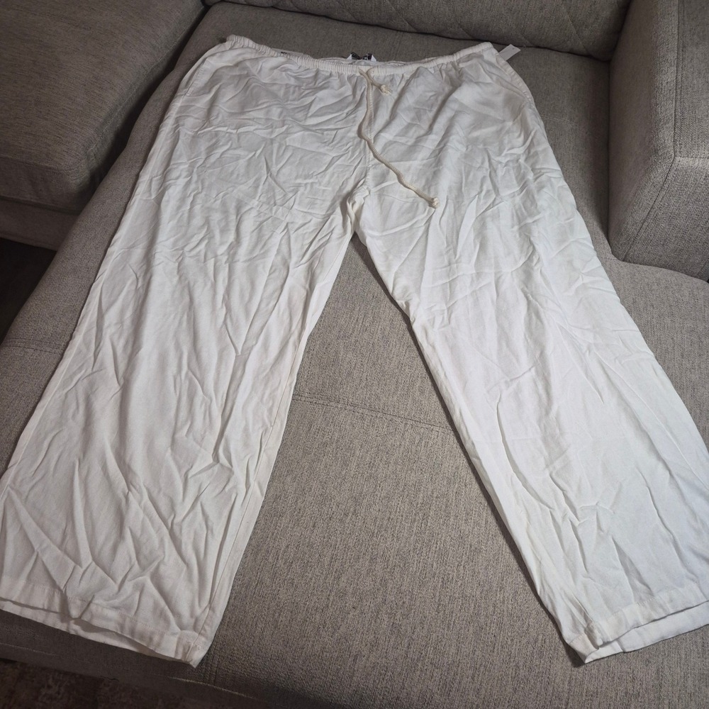 NWT Women White Linen Blend Wide Leg Drawstring Elastic Waist Casual Beach Pants